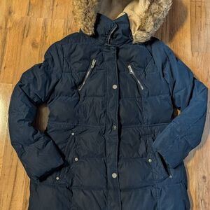 Women's Navy Puffer Coat with Faux Fur Hood